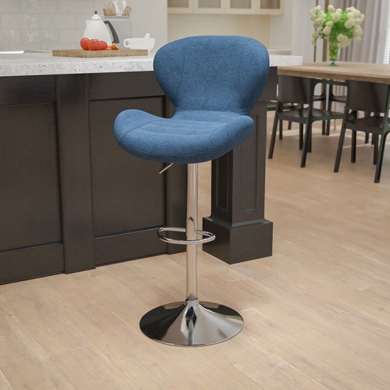 Contemporary Blue Fabric Adjustable Height Barstool with Curved Back and Chrome Base