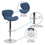 Contemporary Blue Fabric Adjustable Height Barstool with Curved Back and Chrome Base