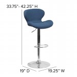 Contemporary Blue Fabric Adjustable Height Barstool with Curved Back and Chrome Base