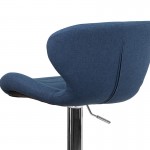 Contemporary Blue Fabric Adjustable Height Barstool with Curved Back and Chrome Base