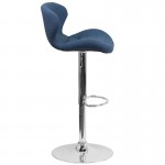 Contemporary Blue Fabric Adjustable Height Barstool with Curved Back and Chrome Base