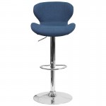 Contemporary Blue Fabric Adjustable Height Barstool with Curved Back and Chrome Base