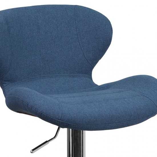 Contemporary Blue Fabric Adjustable Height Barstool with Curved Back and Chrome Base