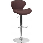 Contemporary Brown Fabric Adjustable Height Barstool with Curved Back and Chrome Base