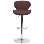 Contemporary Brown Fabric Adjustable Height Barstool with Curved Back and Chrome Base