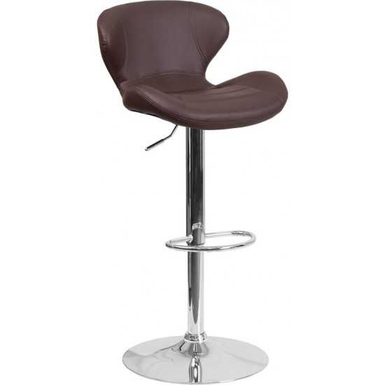 Contemporary Brown Vinyl Adjustable Height Barstool with Curved Back and Chrome Base