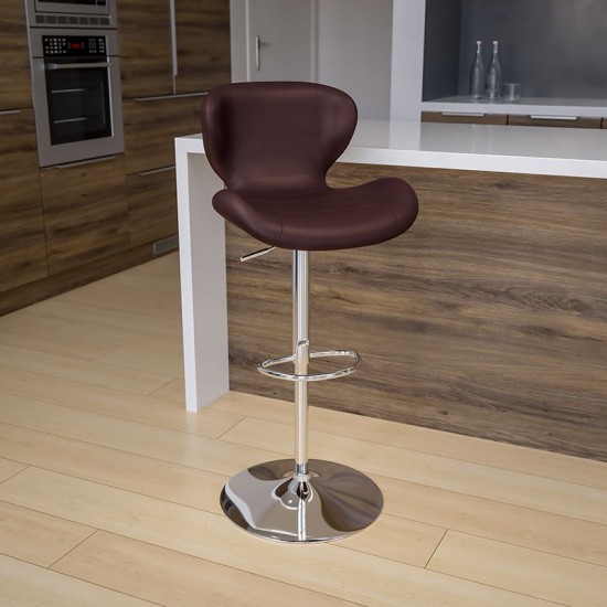 Contemporary Brown Vinyl Adjustable Height Barstool with Curved Back and Chrome Base