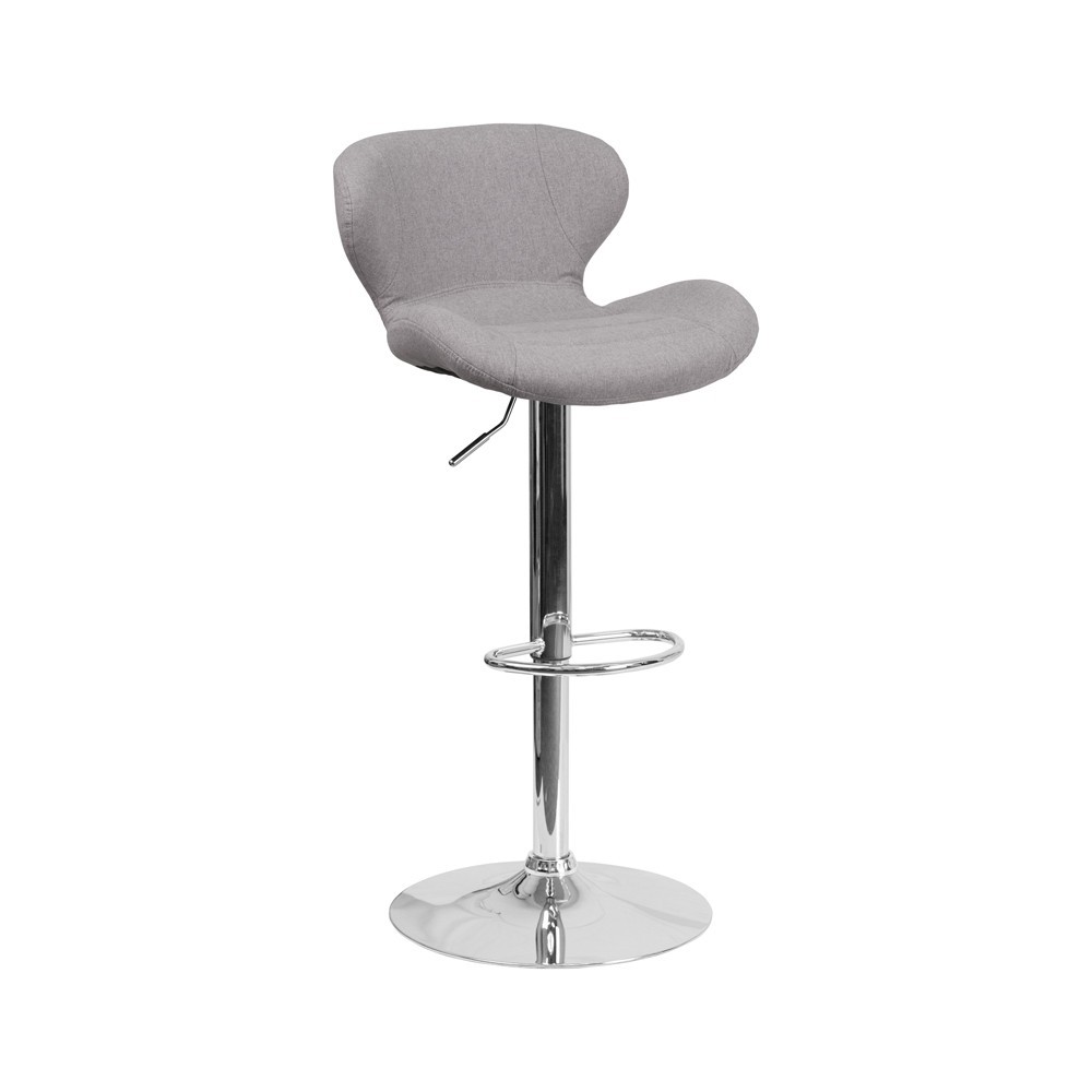 Contemporary Gray Fabric Adjustable Height Barstool with Curved Back and Chrome Base