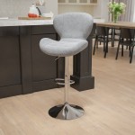 Contemporary Gray Fabric Adjustable Height Barstool with Curved Back and Chrome Base