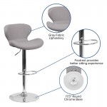 Contemporary Gray Fabric Adjustable Height Barstool with Curved Back and Chrome Base