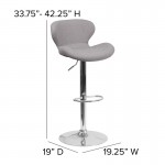 Contemporary Gray Fabric Adjustable Height Barstool with Curved Back and Chrome Base