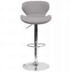 Contemporary Gray Fabric Adjustable Height Barstool with Curved Back and Chrome Base