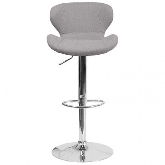 Contemporary Gray Fabric Adjustable Height Barstool with Curved Back and Chrome Base