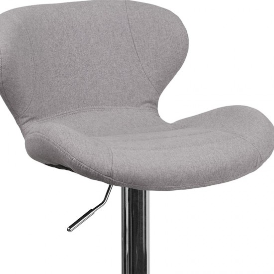 Contemporary Gray Fabric Adjustable Height Barstool with Curved Back and Chrome Base