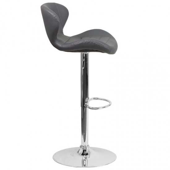 Contemporary Gray Vinyl Adjustable Height Barstool with Curved Back and Chrome Base