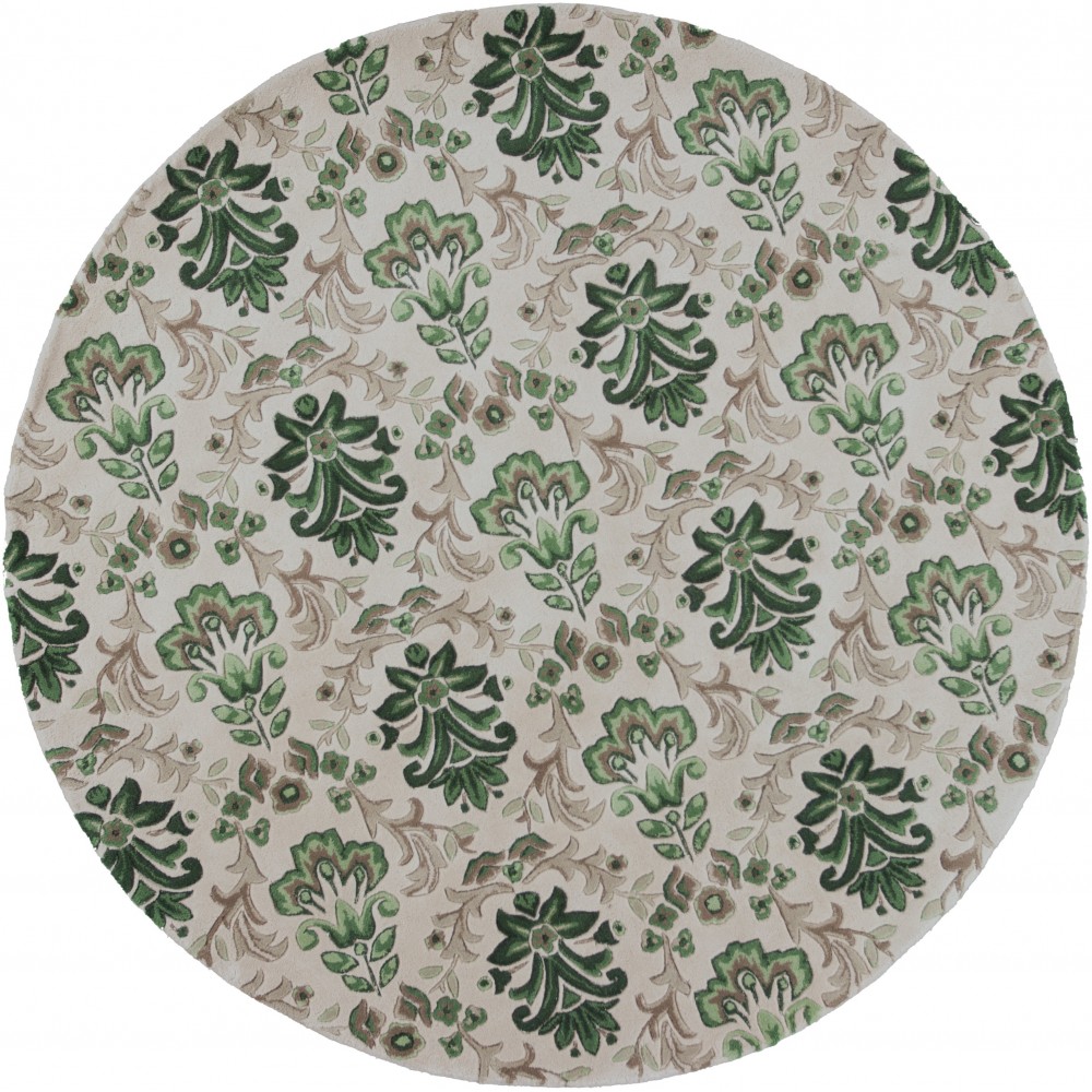 Emerald Ivory/Green Damask 7'6" Round Area Rug