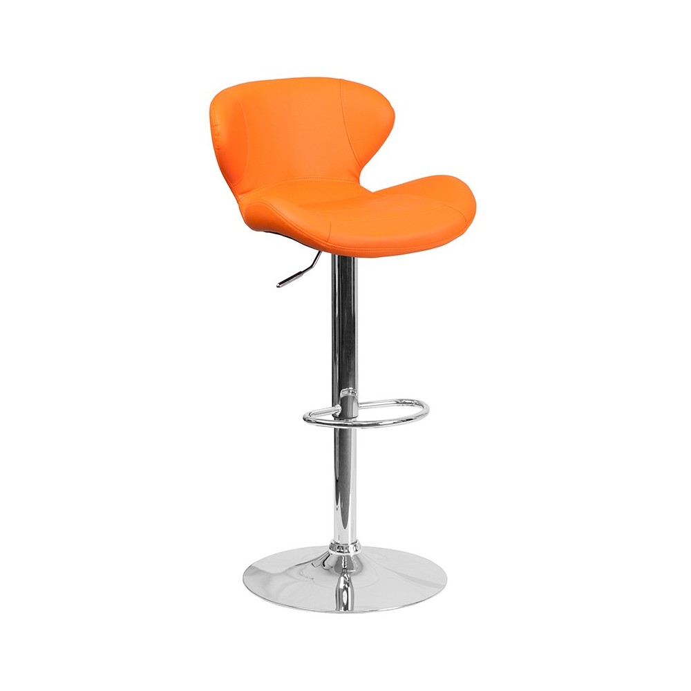 Contemporary Orange Vinyl Adjustable Height Barstool with Curved Back and Chrome Base