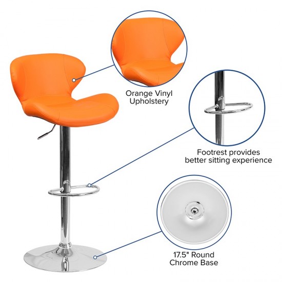 Contemporary Orange Vinyl Adjustable Height Barstool with Curved Back and Chrome Base