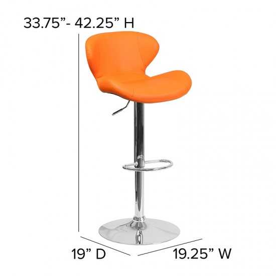 Contemporary Orange Vinyl Adjustable Height Barstool with Curved Back and Chrome Base