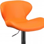 Contemporary Orange Vinyl Adjustable Height Barstool with Curved Back and Chrome Base