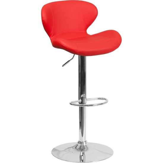 Contemporary Red Vinyl Adjustable Height Barstool with Curved Back and Chrome Base