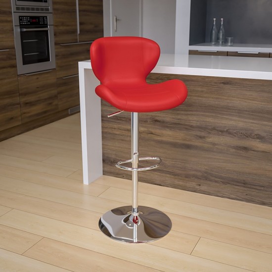 Contemporary Red Vinyl Adjustable Height Barstool with Curved Back and Chrome Base