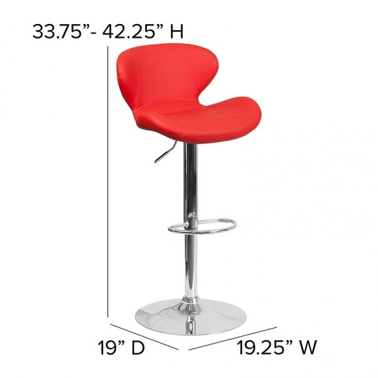 Contemporary Red Vinyl Adjustable Height Barstool with Curved Back and Chrome Base