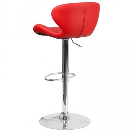 Contemporary Red Vinyl Adjustable Height Barstool with Curved Back and Chrome Base