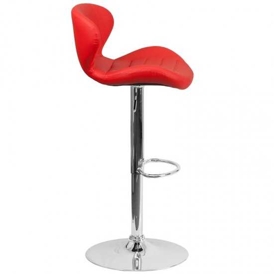 Contemporary Red Vinyl Adjustable Height Barstool with Curved Back and Chrome Base