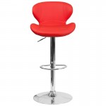 Contemporary Red Vinyl Adjustable Height Barstool with Curved Back and Chrome Base