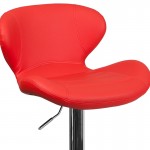 Contemporary Red Vinyl Adjustable Height Barstool with Curved Back and Chrome Base