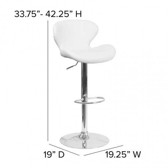 Contemporary White Vinyl Adjustable Height Barstool with Curved Back and Chrome Base