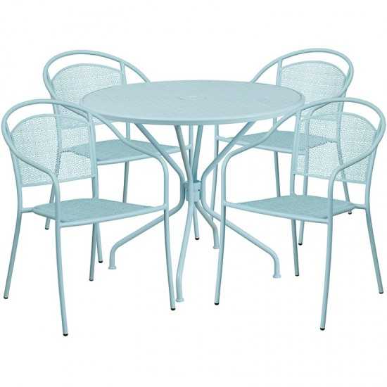 Commercial Grade 35.25" Round Sky Blue Indoor-Outdoor Steel Patio Table Set with 4 Round Back Chairs