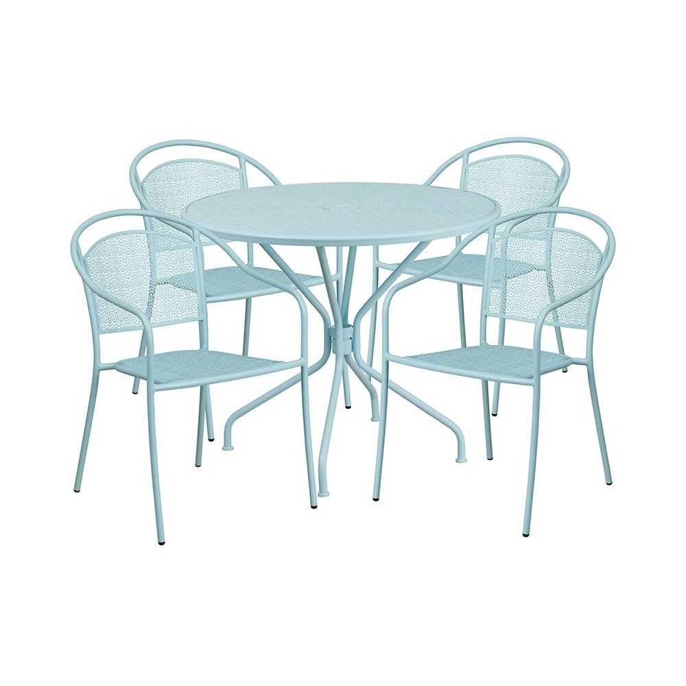 Commercial Grade 35.25" Round Sky Blue Indoor-Outdoor Steel Patio Table Set with 4 Round Back Chairs