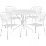 Commercial Grade 35.25" Round White Indoor-Outdoor Steel Patio Table Set with 4 Round Back Chairs