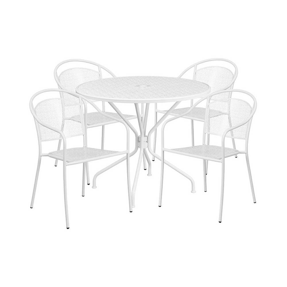 Commercial Grade 35.25" Round White Indoor-Outdoor Steel Patio Table Set with 4 Round Back Chairs