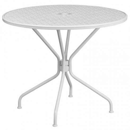 Commercial Grade 35.25" Round White Indoor-Outdoor Steel Patio Table Set with 4 Round Back Chairs