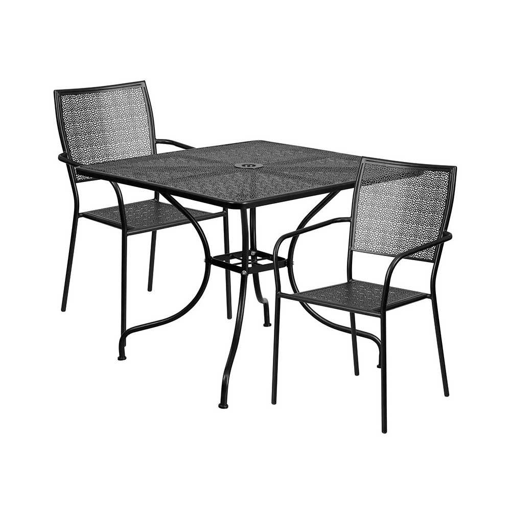 Commercial Grade 35.5" Square Black Indoor-Outdoor Steel Patio Table Set with 2 Square Back Chairs