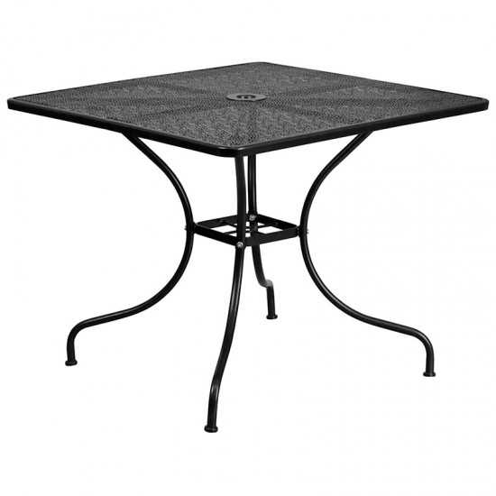 Commercial Grade 35.5" Square Black Indoor-Outdoor Steel Patio Table Set with 2 Square Back Chairs