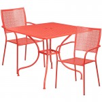 Commercial Grade 35.5" Square Coral Indoor-Outdoor Steel Patio Table Set with 2 Square Back Chairs