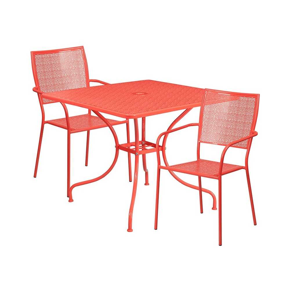 Commercial Grade 35.5" Square Coral Indoor-Outdoor Steel Patio Table Set with 2 Square Back Chairs