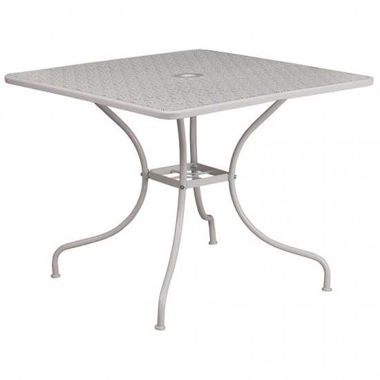 Commercial Grade 35.5" Square Light Gray Indoor-Outdoor Steel Patio Table Set with 2 Square Back Chairs