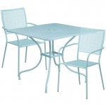 Commercial Grade 35.5" Square Sky Blue Indoor-Outdoor Steel Patio Table Set with 2 Square Back Chairs