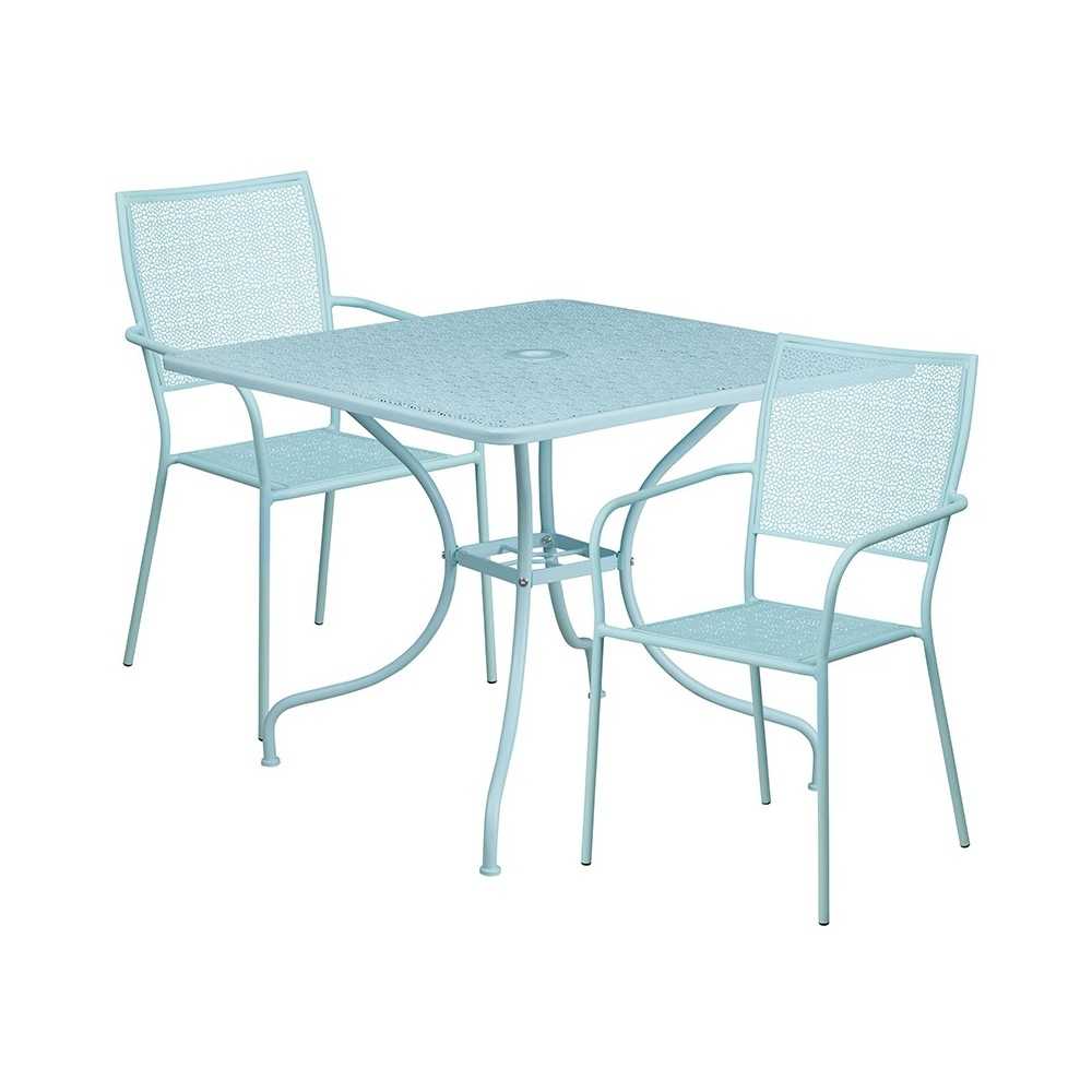 Commercial Grade 35.5" Square Sky Blue Indoor-Outdoor Steel Patio Table Set with 2 Square Back Chairs