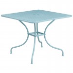 Commercial Grade 35.5" Square Sky Blue Indoor-Outdoor Steel Patio Table Set with 2 Square Back Chairs