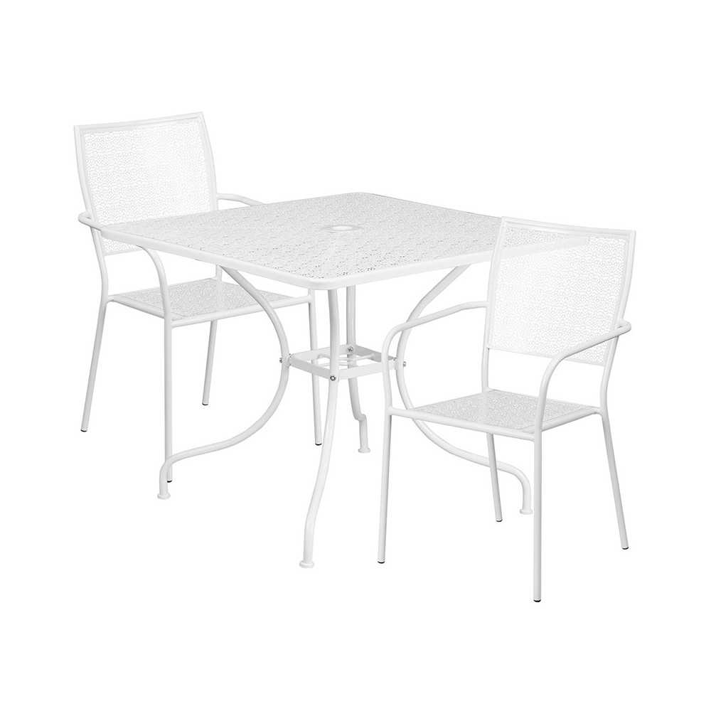 Commercial Grade 35.5" Square White Indoor-Outdoor Steel Patio Table Set with 2 Square Back Chairs Commercial Grade 35.5" Square White Indoor-Outdoor Steel Patio Table Set with 2 Square Back Chairs
