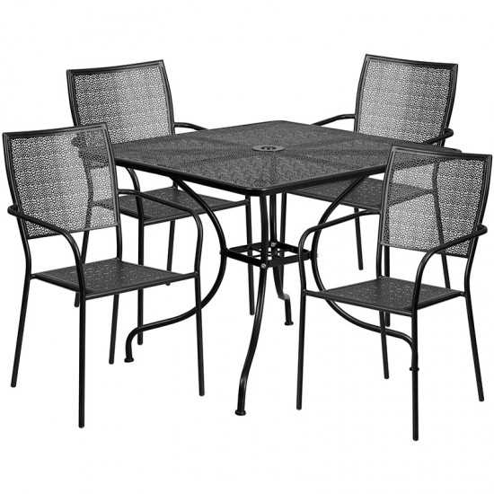 Commercial Grade 35.5" Square Black Indoor-Outdoor Steel Patio Table Set with 4 Square Back Chairs