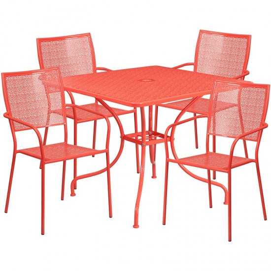 Commercial Grade 35.5" Square Coral Indoor-Outdoor Steel Patio Table Set with 4 Square Back Chairs