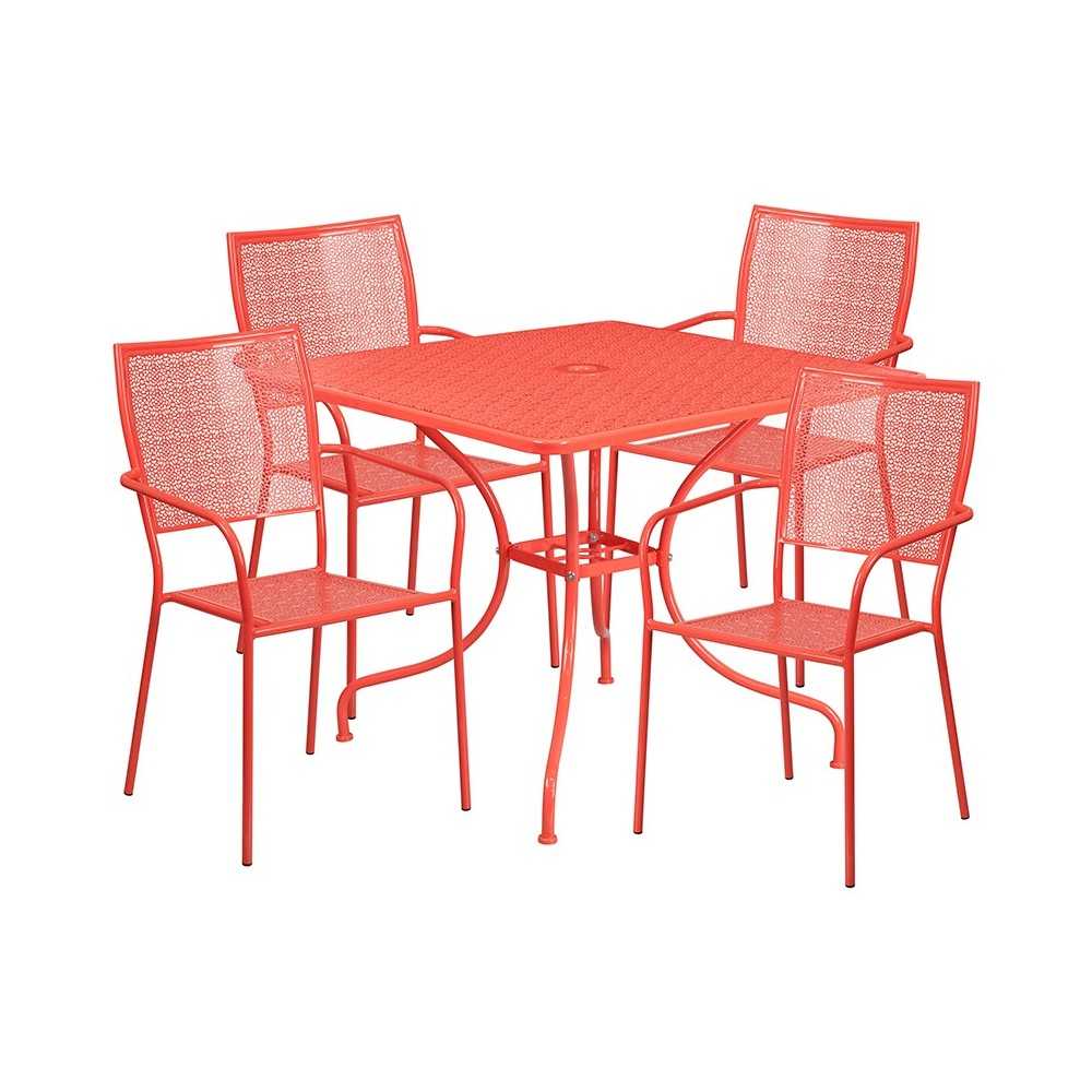 Commercial Grade 35.5" Square Coral Indoor-Outdoor Steel Patio Table Set with 4 Square Back Chairs