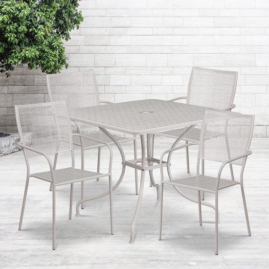 Commercial Grade 35.5" Square Light Gray Indoor-Outdoor Steel Patio Table Set with 4 Square Back Chairs